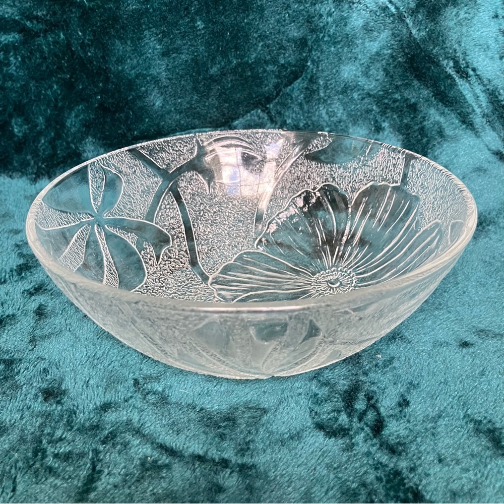 Vintage KIG Indonesia Clear Pressed Glass Serving Bowl Embossed Hibiscus Pattern